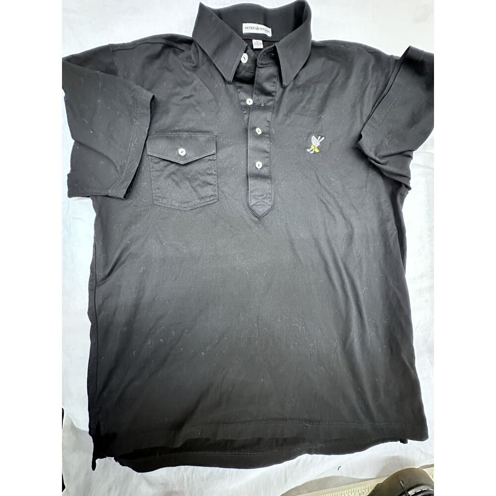 Peter Millar Polo Shirt Mens Med Black Winged Foot Golf Club Logo Chest Pocket